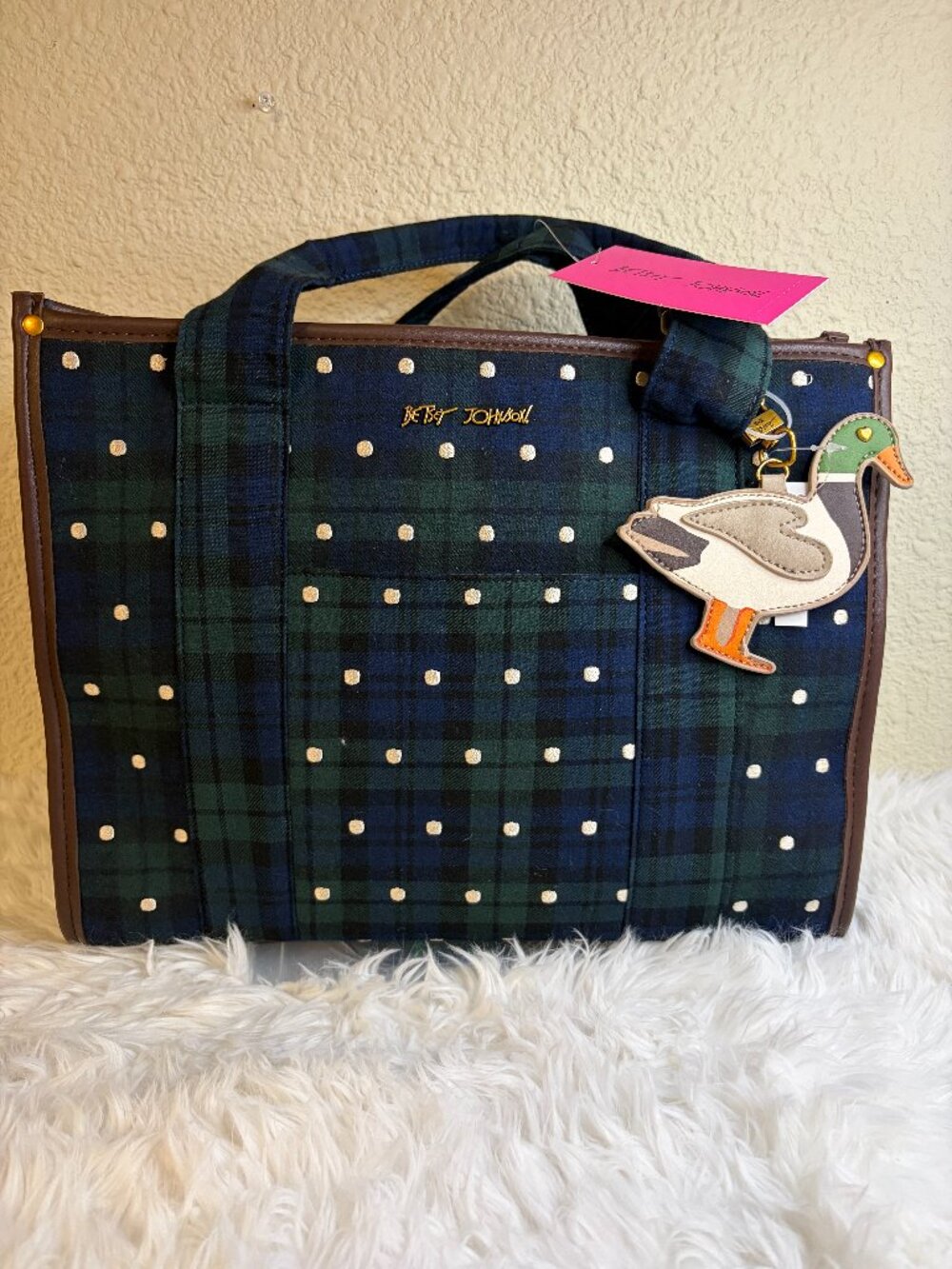 Betsey Johnson Plaid Polka Dot Tote Bag Duck Charm Blue Green Brown NWT